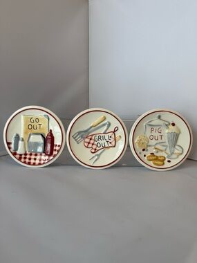 3 Pc MWW Market 4.5" Mini Plate Set Grill/ Pig/Go Out/Take Out -Farmhouse Picnic